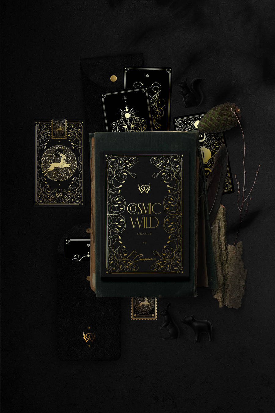 Cosmic Wild Oracle deck, animal tarot by Cocorrina & Co in black and gold