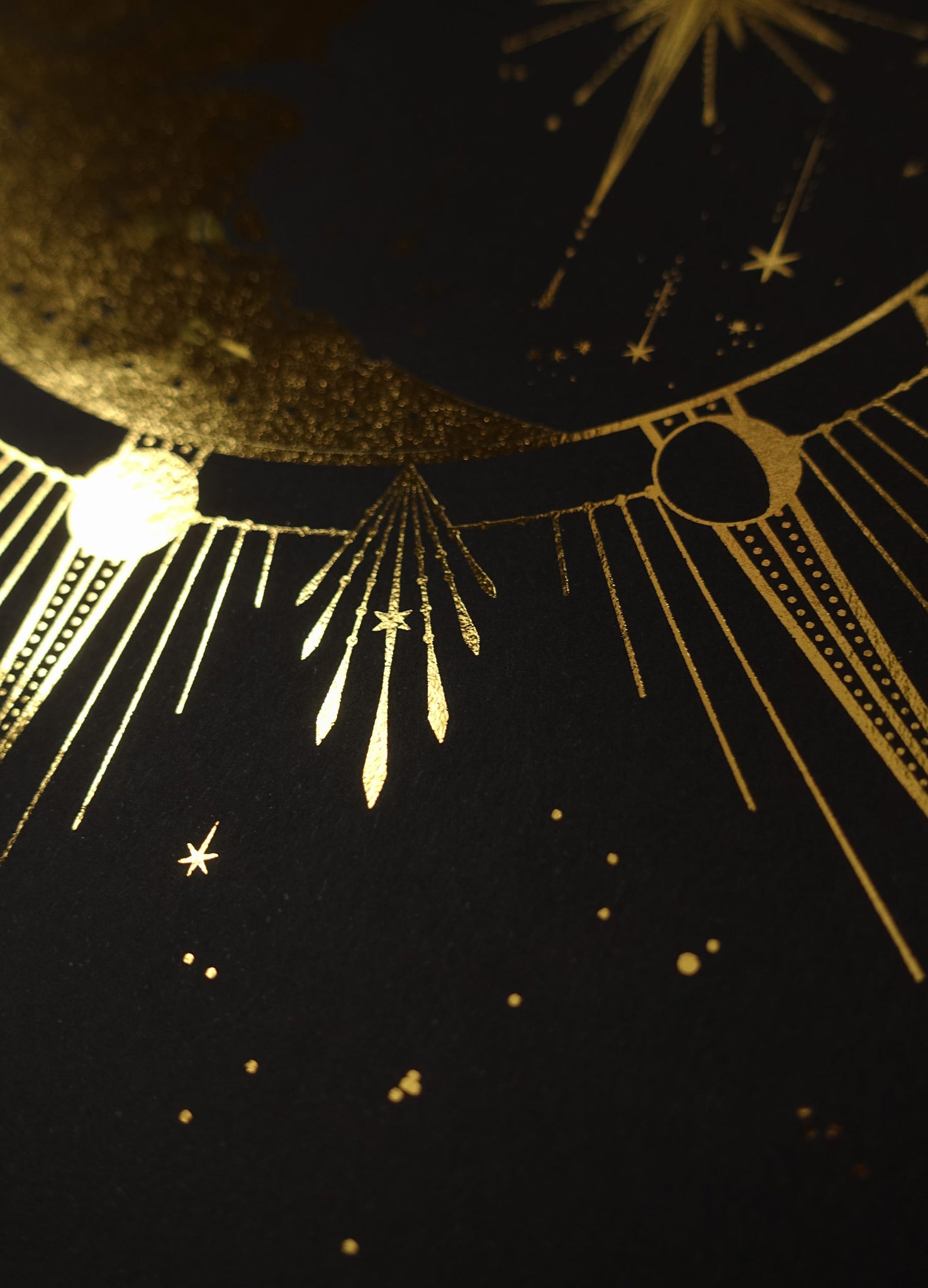 Crescent Moon Face, gold foil and black paper with stars and moon by Cocorrina