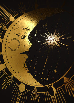 Crescent Moon Face, gold foil and black paper with stars and moon by Cocorrina