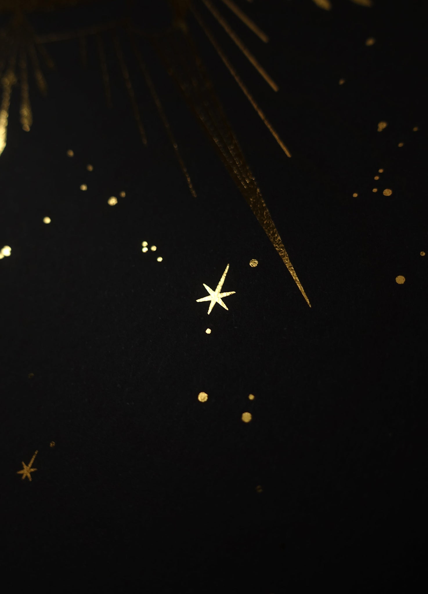 Crescent Moon Face, gold foil and black paper with stars and moon by Cocorrina