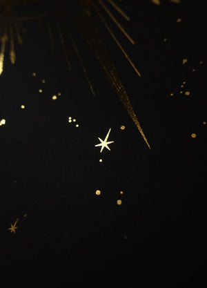 Crescent Moon Face, gold foil and black paper with stars and moon by Cocorrina