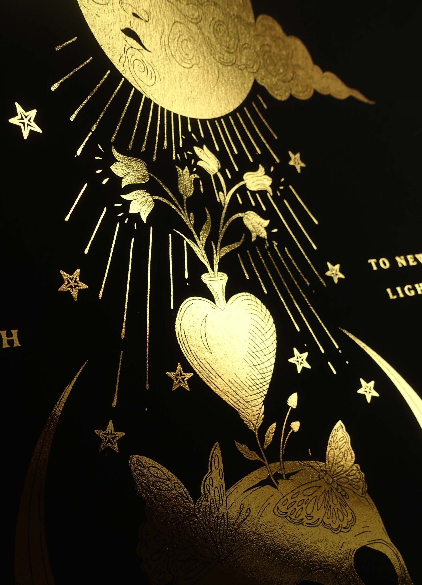 Darkness gives birth to light moon gold foil art print with black paper by Cocorrina & Co