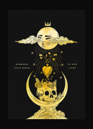 Darkness gives birth to light moon gold foil art print with black paper by Cocorrina & Co