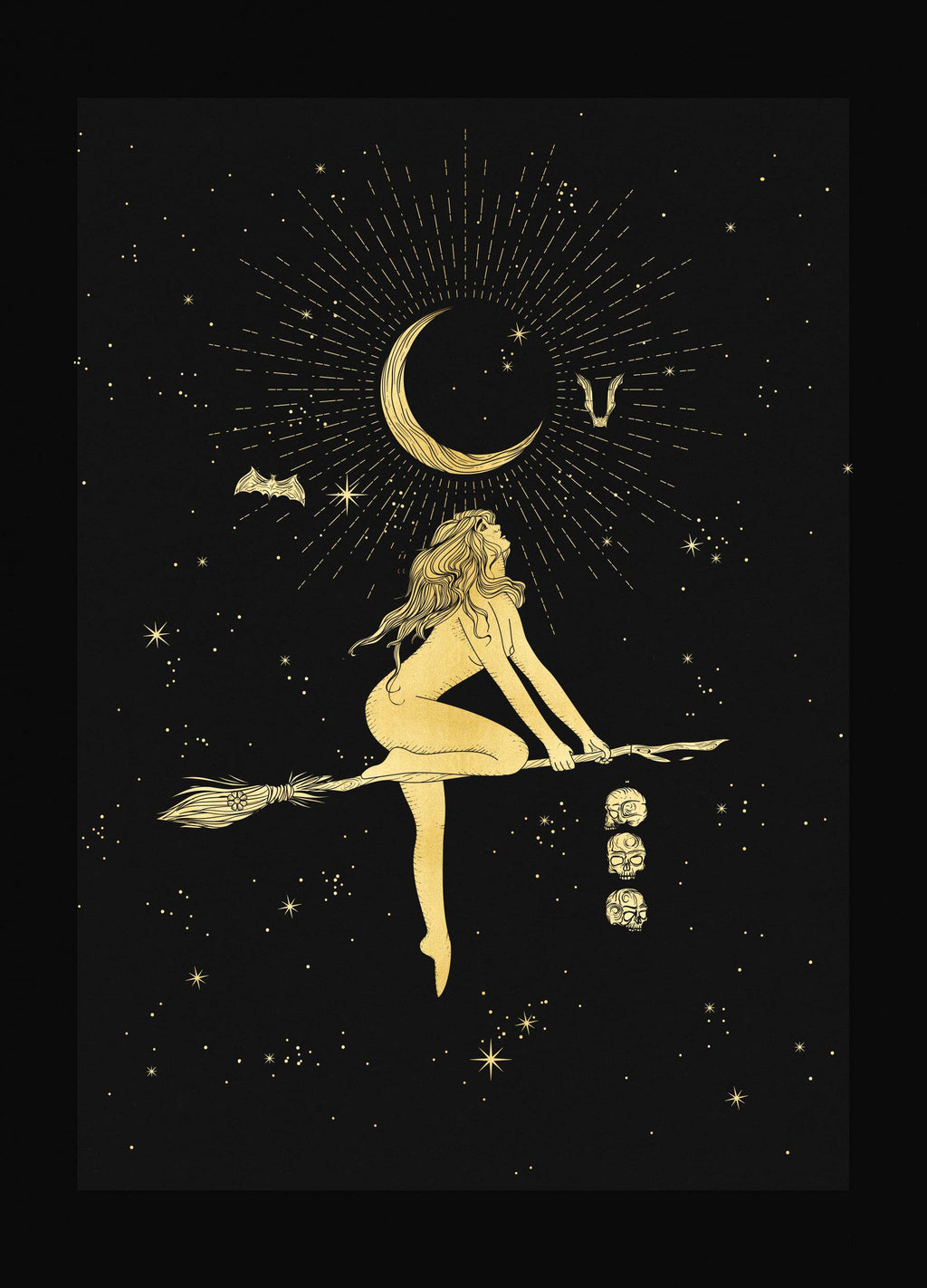Death Witch with Bats and skulls gold foil on black paper by Cocorrina & Co