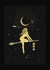 Death Witch with Bats and skulls gold foil on black paper by Cocorrina & Co