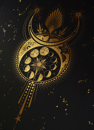 The Devil's Moon artwork print on black paper with gold foil and stars by Cocorrina studio.