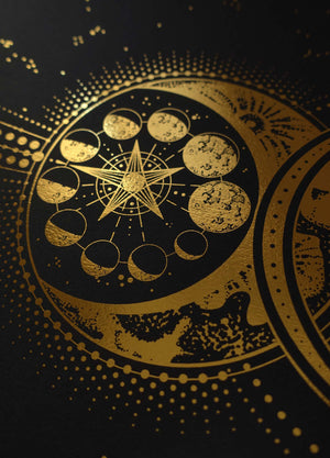 The Devil's Moon artwork print on black paper with gold foil and stars by Cocorrina studio.