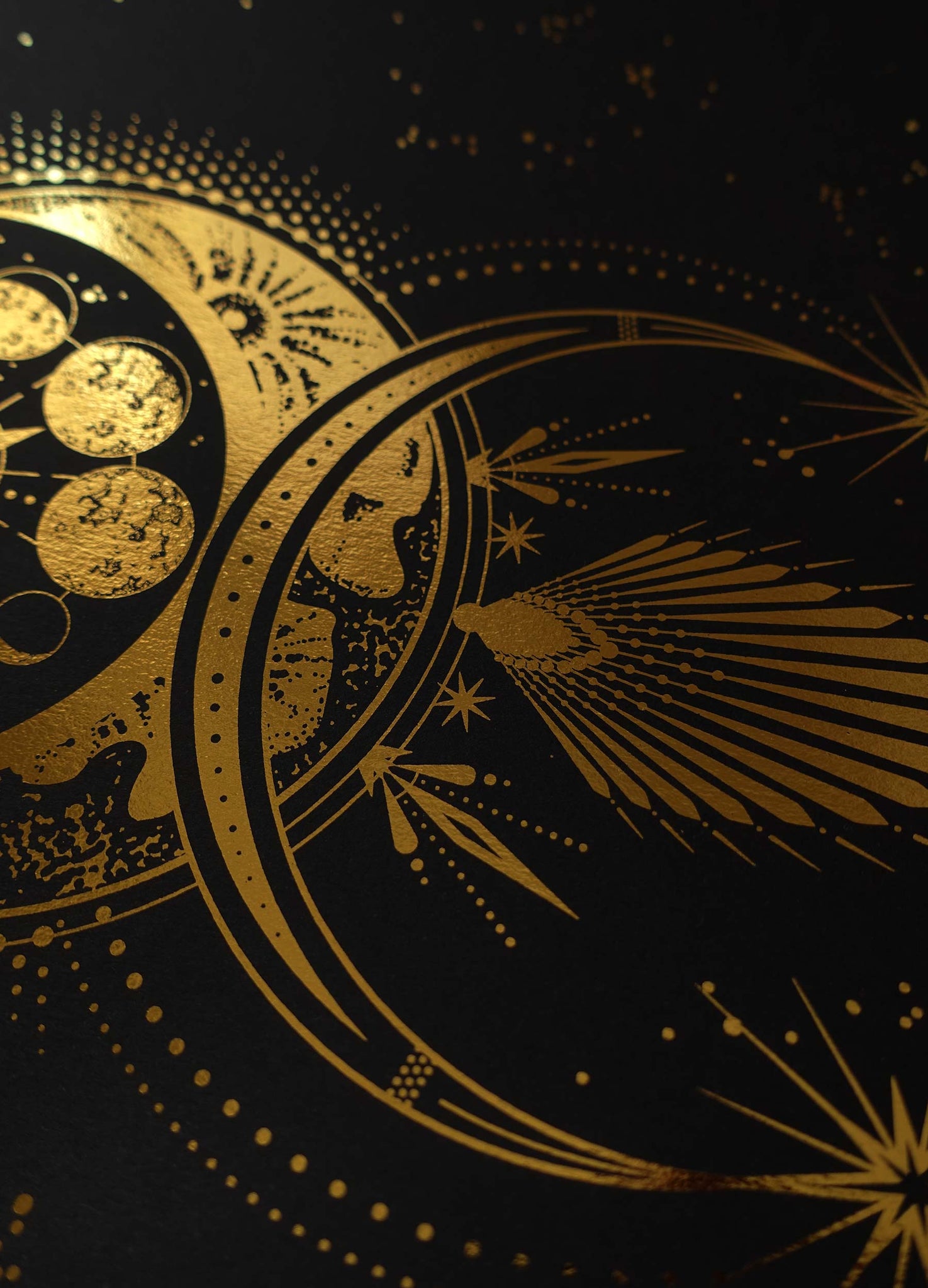 The Devil's Moon artwork print on black paper with gold foil and stars by Cocorrina studio.