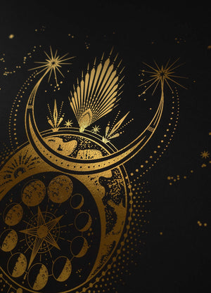 The Devil's Moon artwork print on black paper with gold foil and stars by Cocorrina studio.