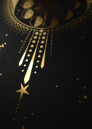 The Devil's Moon artwork print on black paper with gold foil and stars by Cocorrina studio.