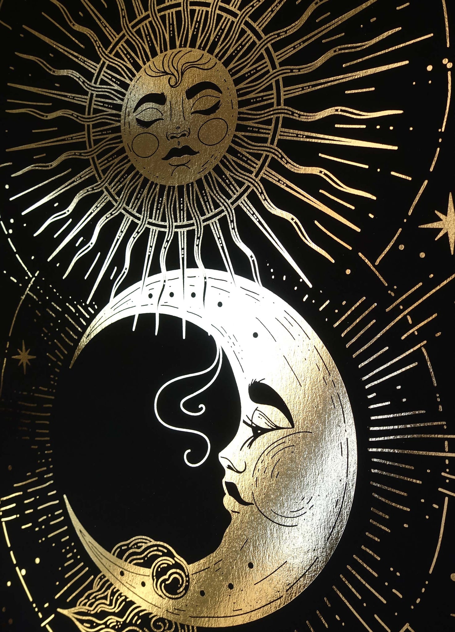 Divine Love, Moon & Sun Print gold foil on black paper by Cocorrina & Co
