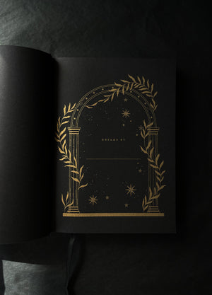 Dream Journal with Golden Sun and a Golden Moon, with gold foil, black and hardcover by Cocorrina & Co