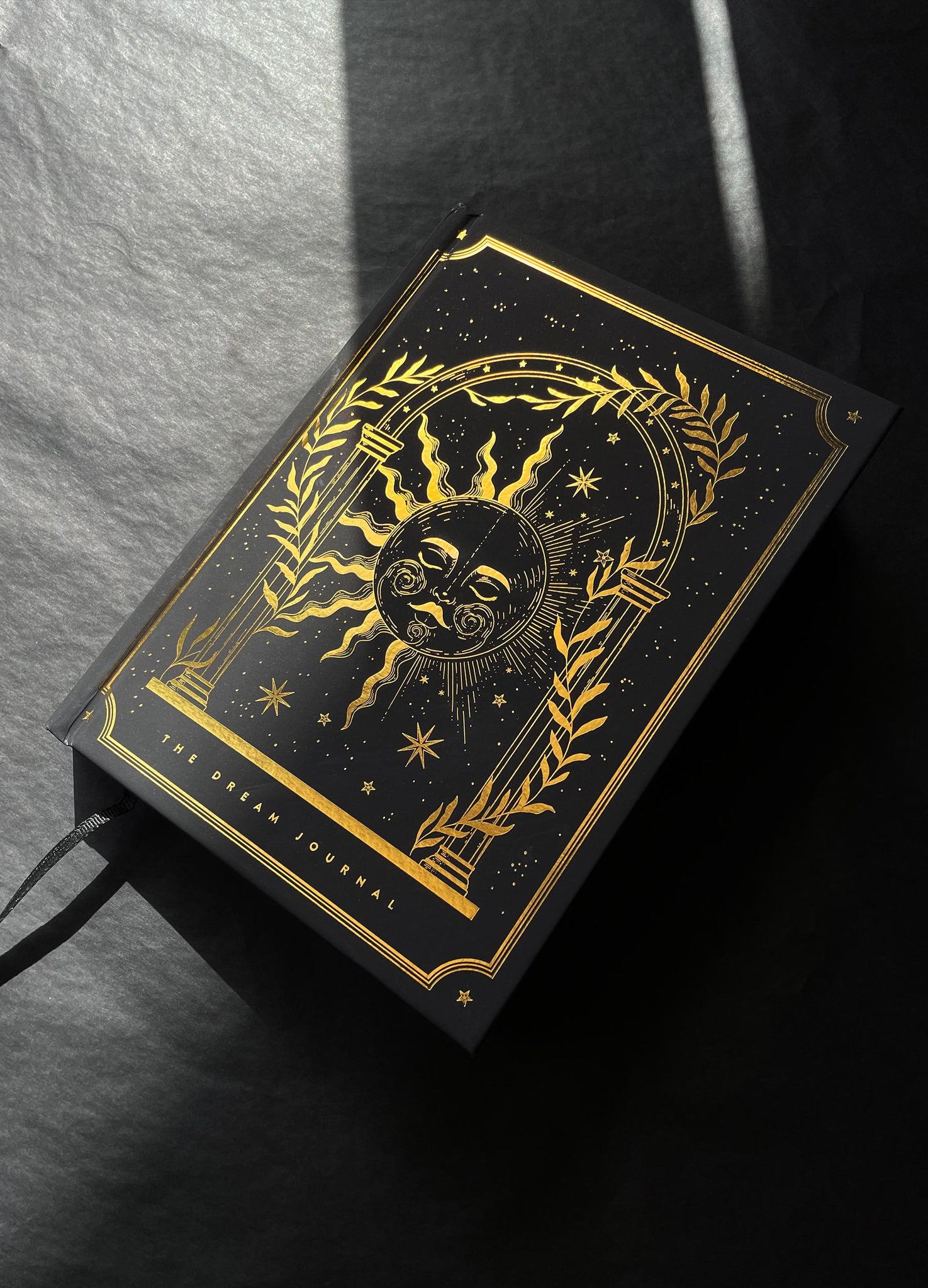 Dream Journal with Golden Sun and a Golden Moon, with gold foil, black and hardcover by Cocorrina & Co
