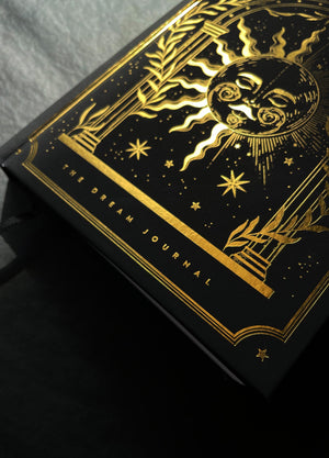 Dream Journal with Golden Sun and a Golden Moon, with gold foil, black and hardcover by Cocorrina & Co