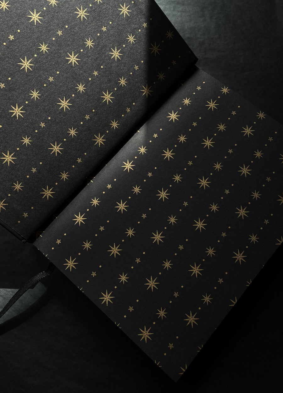Dream Journal with Golden Sun and a Golden Moon, with gold foil, black and hardcover by Cocorrina & Co