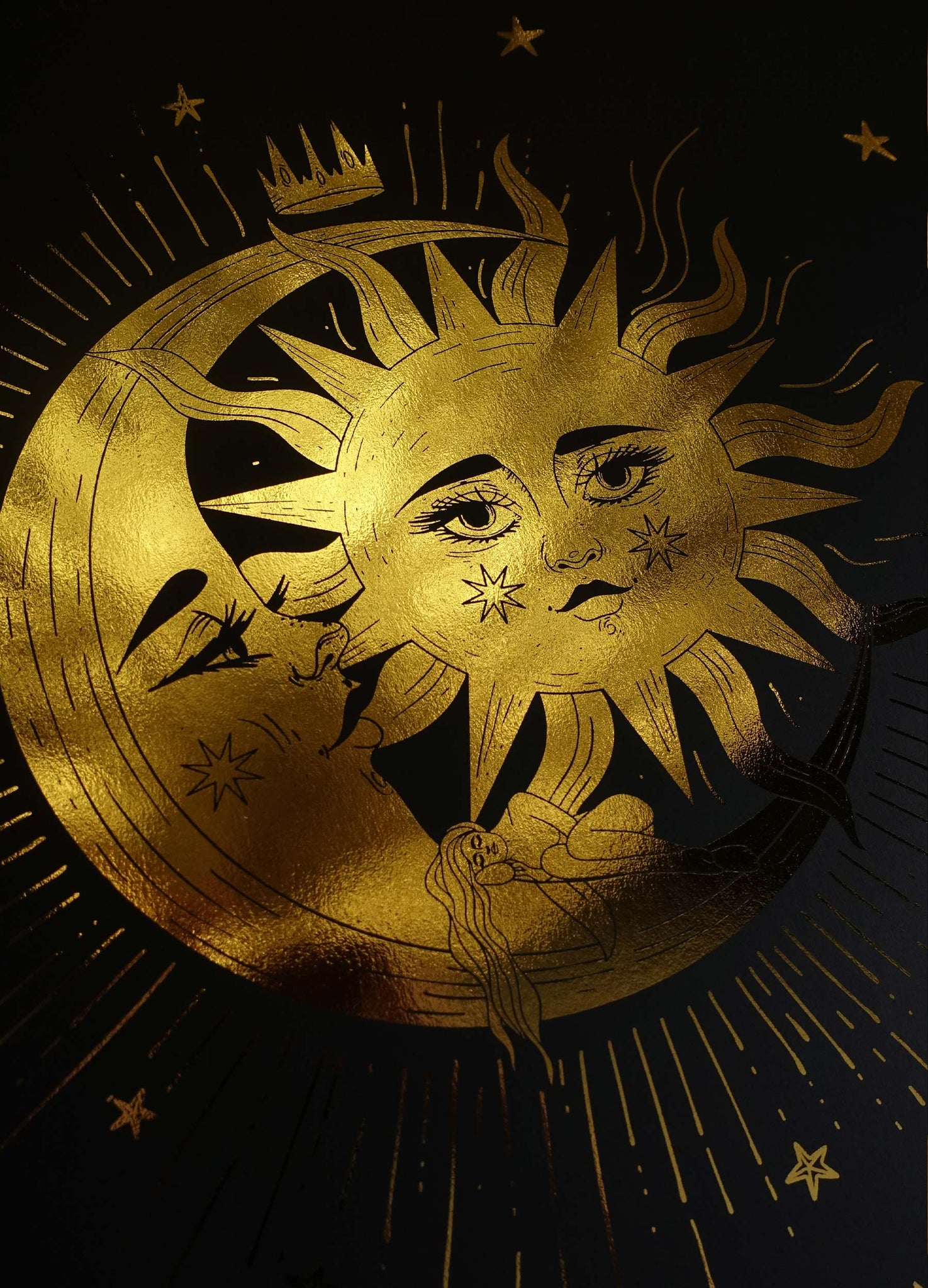 Sun & Moon Embrace Shadows in gold foil on black paper art print by Cocorrina & Co