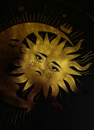 Sun & Moon Embrace Shadows in gold foil on black paper art print by Cocorrina & Co