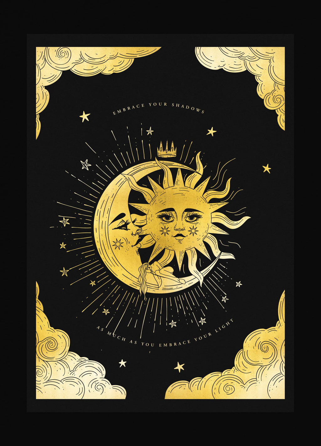Sun & Moon Embrace Shadows in gold foil on black paper art print by Cocorrina & Co