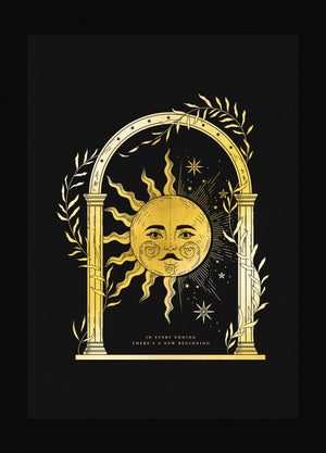 An Ode to Equinoxes, half moon half sun, half day, half night, gold foil on black paper art print by Cocorrina & Co