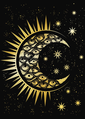 Eye Moon gold foil art print on black paper by Cocorrina & Co