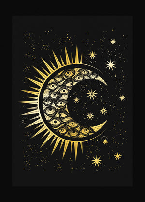 Eye Moon gold foil art print on black paper by Cocorrina & Co