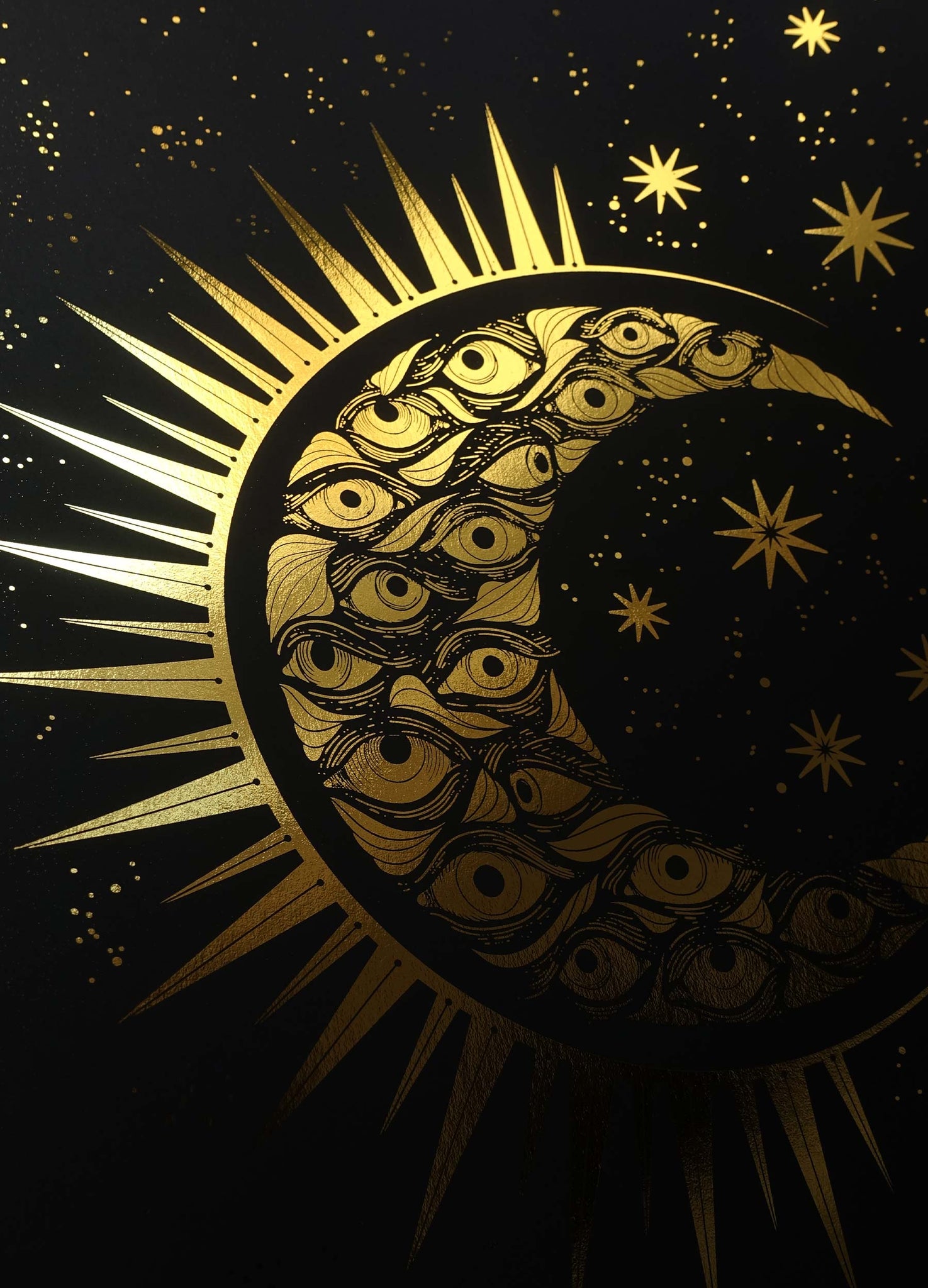Eye Moon gold foil art print on black paper by Cocorrina & Co