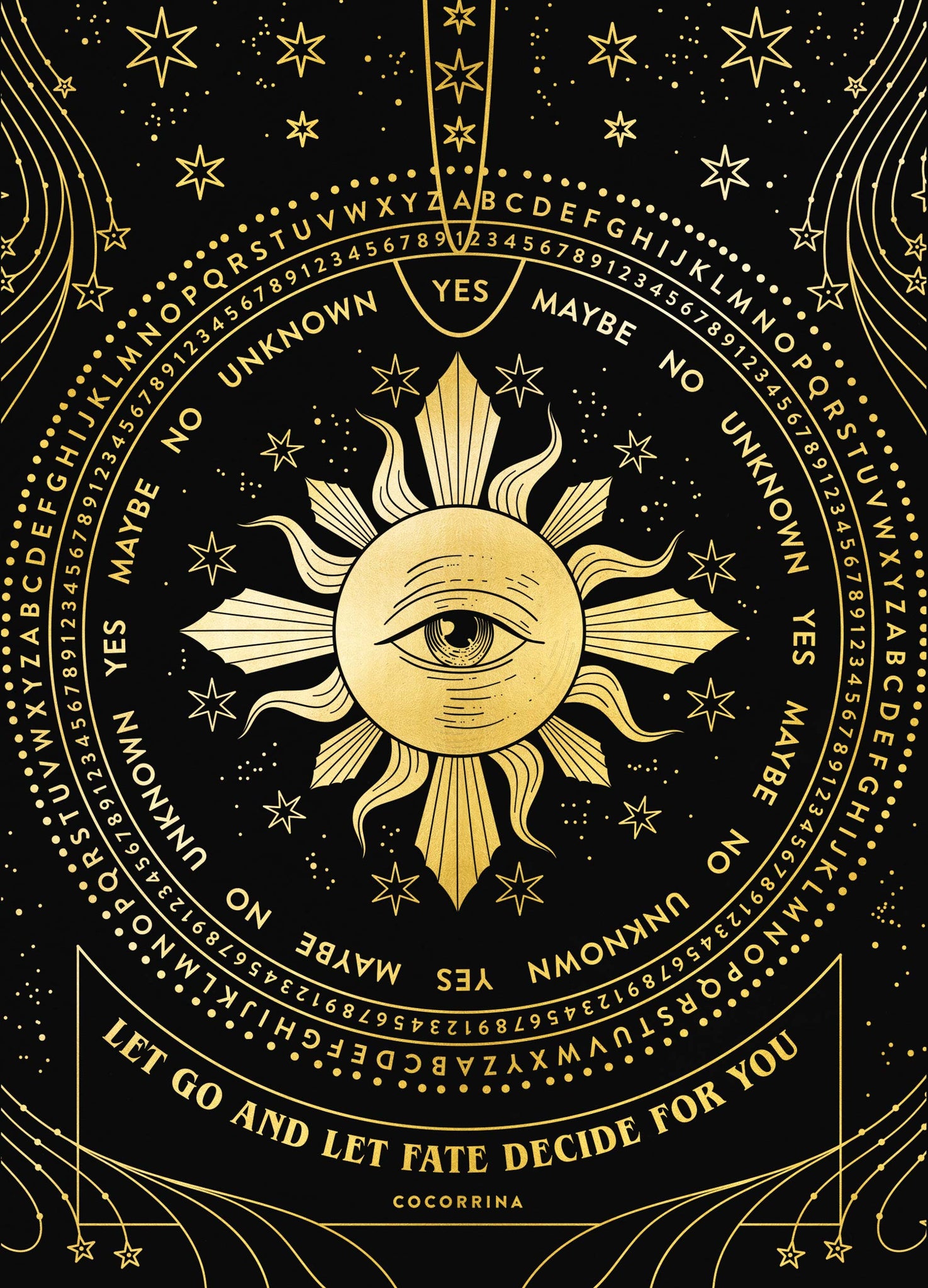 Fates' Wheel Eye gold foil art print on black paper by Cocorrina & Co