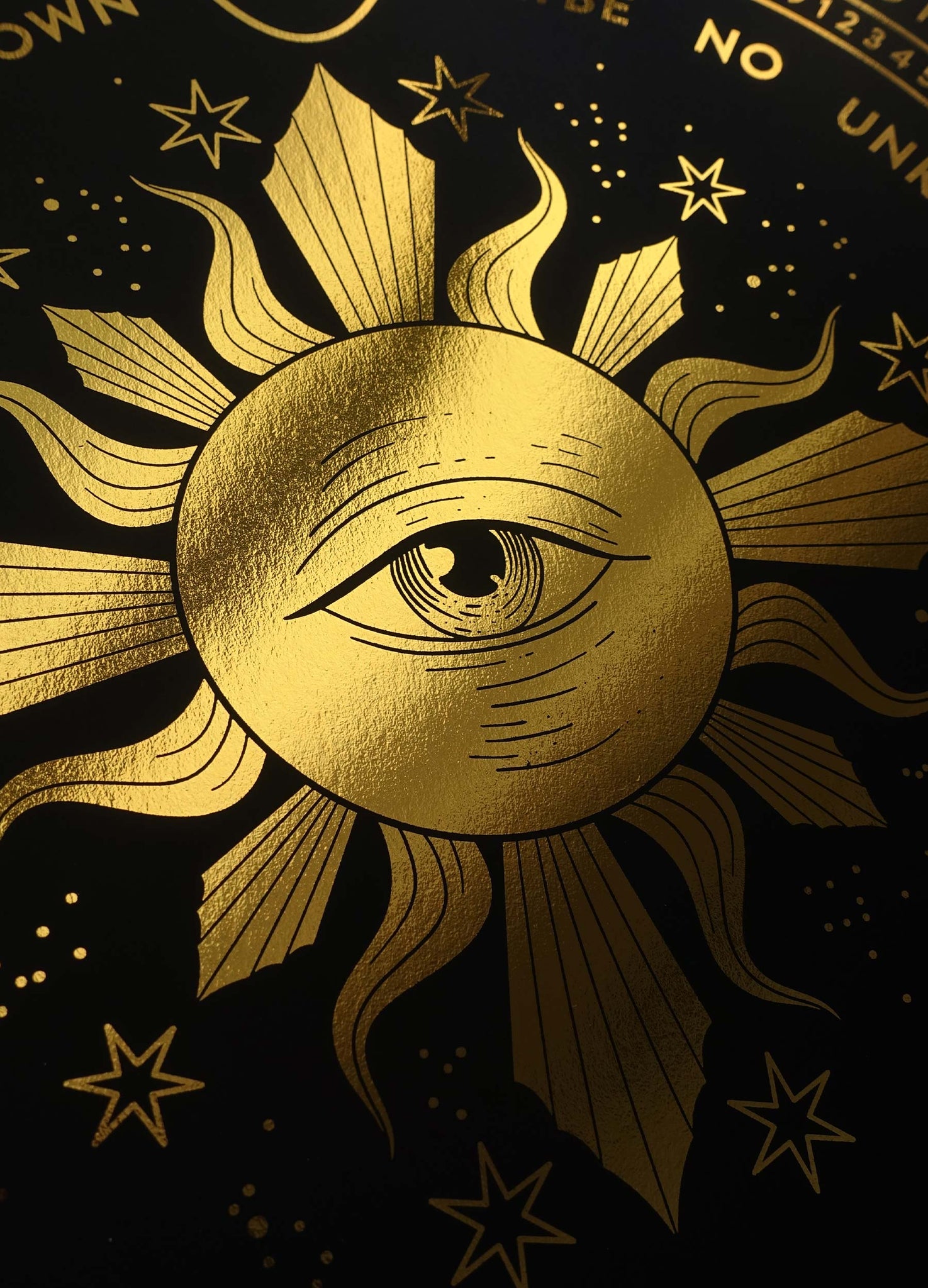 Fates' Wheel Eye gold foil art print on black paper by Cocorrina & Co