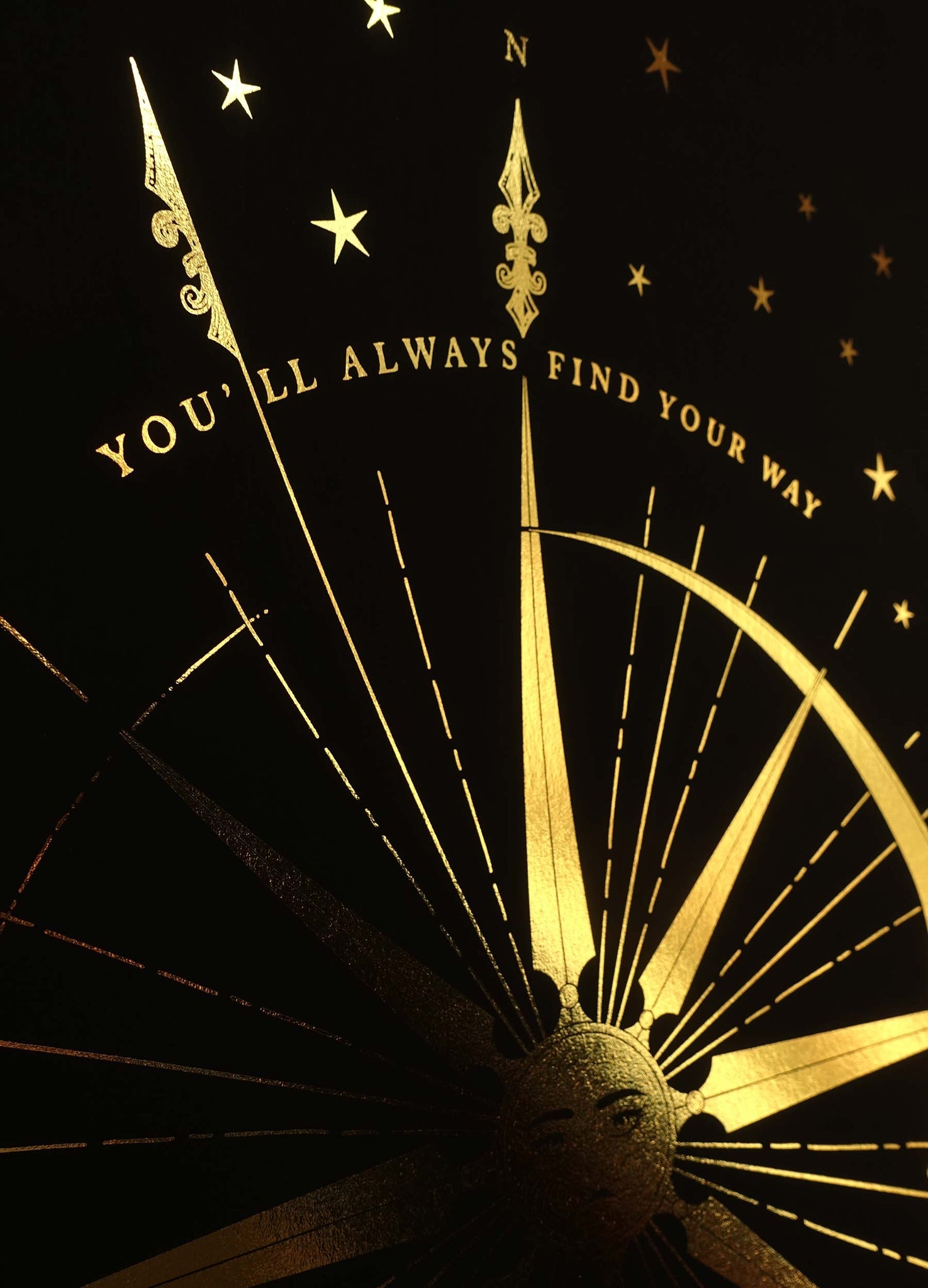 Find your way home Sun Moon Compass gold foil art print on black paper by Cocorrina & Co