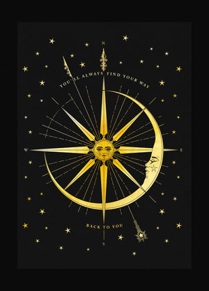Find your way home Sun Moon Compass gold foil art print on black paper by Cocorrina & Co