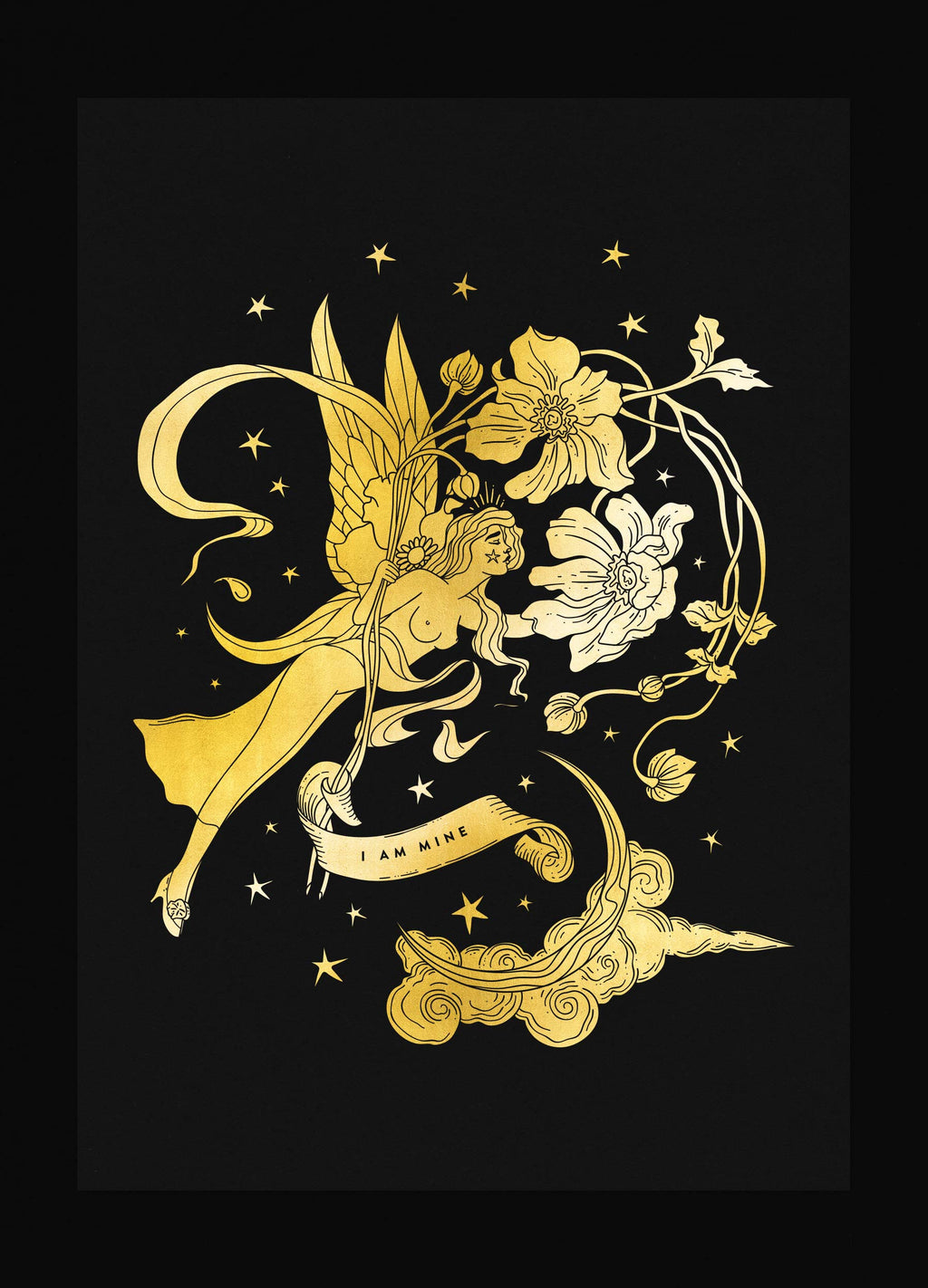 Flower Fairy art print by Cocorrina & Co in gold foil on black paper
