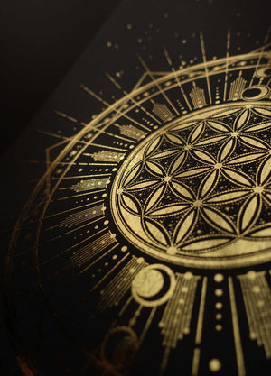 Flower of Life, sacred geometry art print in gold foil and black paper with stars and moon by Cocorrina