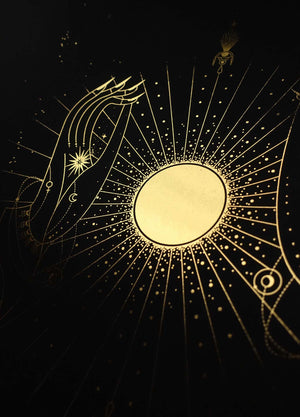 Full Moon Phase Totem art print in gold foil and black paper with stars and moon by Cocorrina