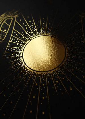 Full Moon Phase Totem art print in gold foil and black paper with stars and moon by Cocorrina