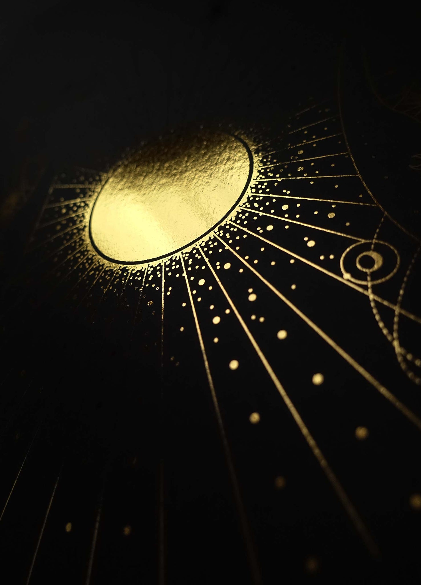 Full Moon Phase Totem art print in gold foil and black paper with stars and moon by Cocorrina