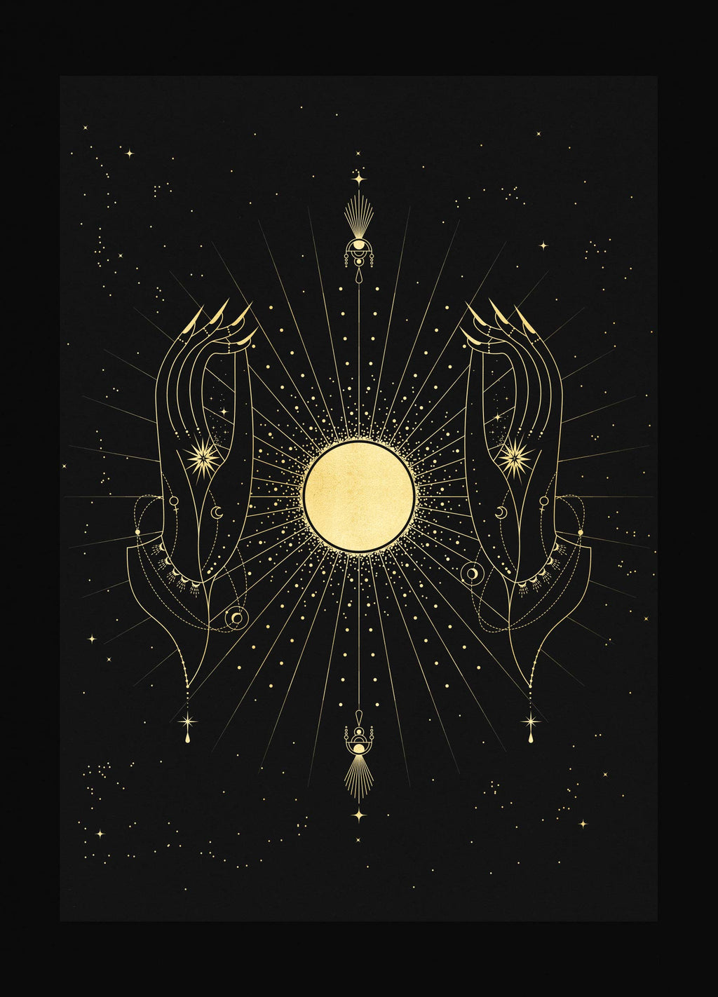 Full Moon Phase Totem art print in gold foil and black paper with stars and moon by Cocorrina