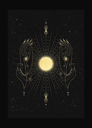 Full Moon Phase Totem art print in gold foil and black paper with stars and moon by Cocorrina