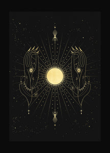Full Moon Phase Totem art print in gold foil and black paper with stars and moon by Cocorrina