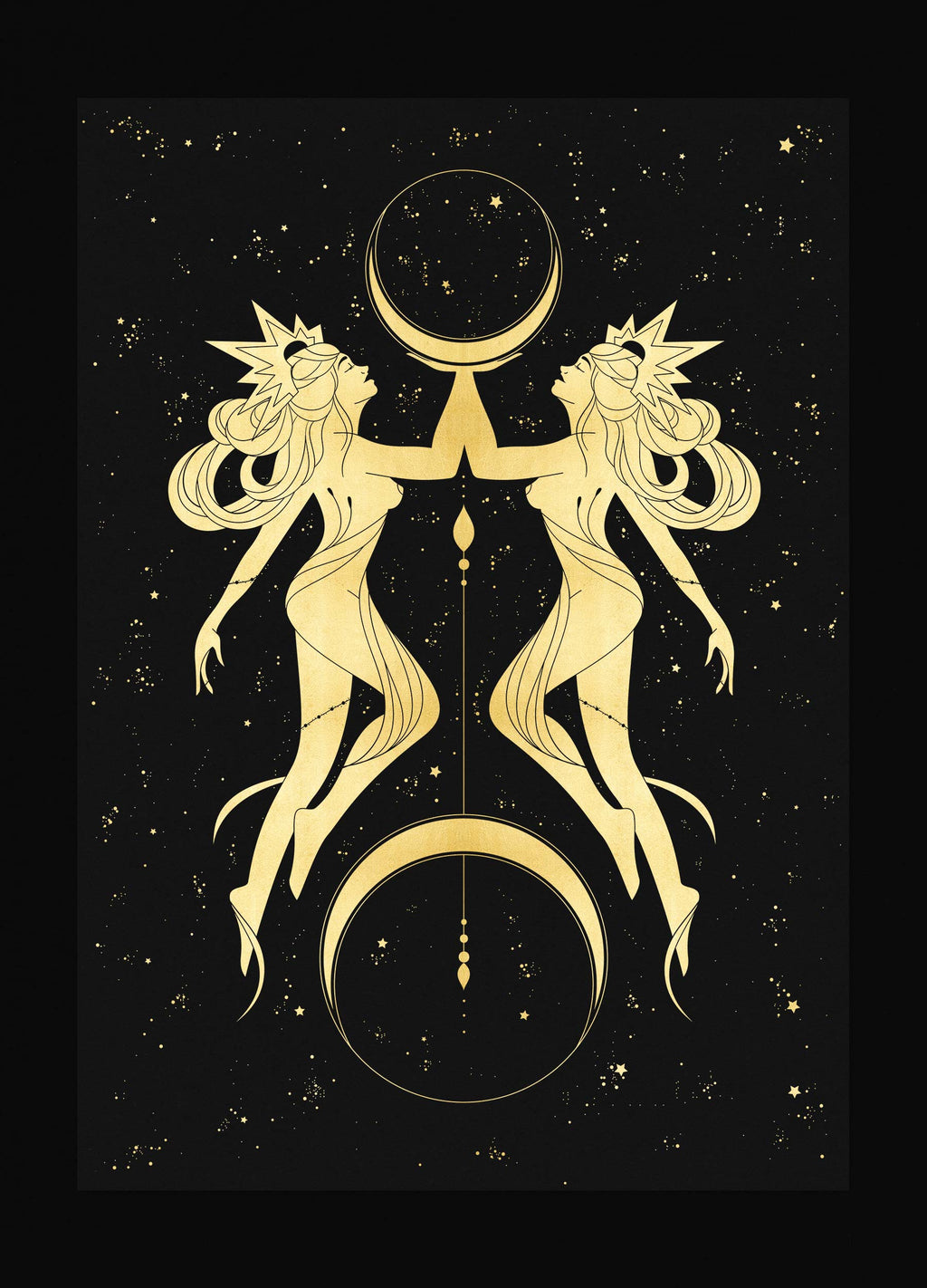 Gemini Stars gold foil art print on black stock paper by Cocorrina & Co Design Studio & Shop