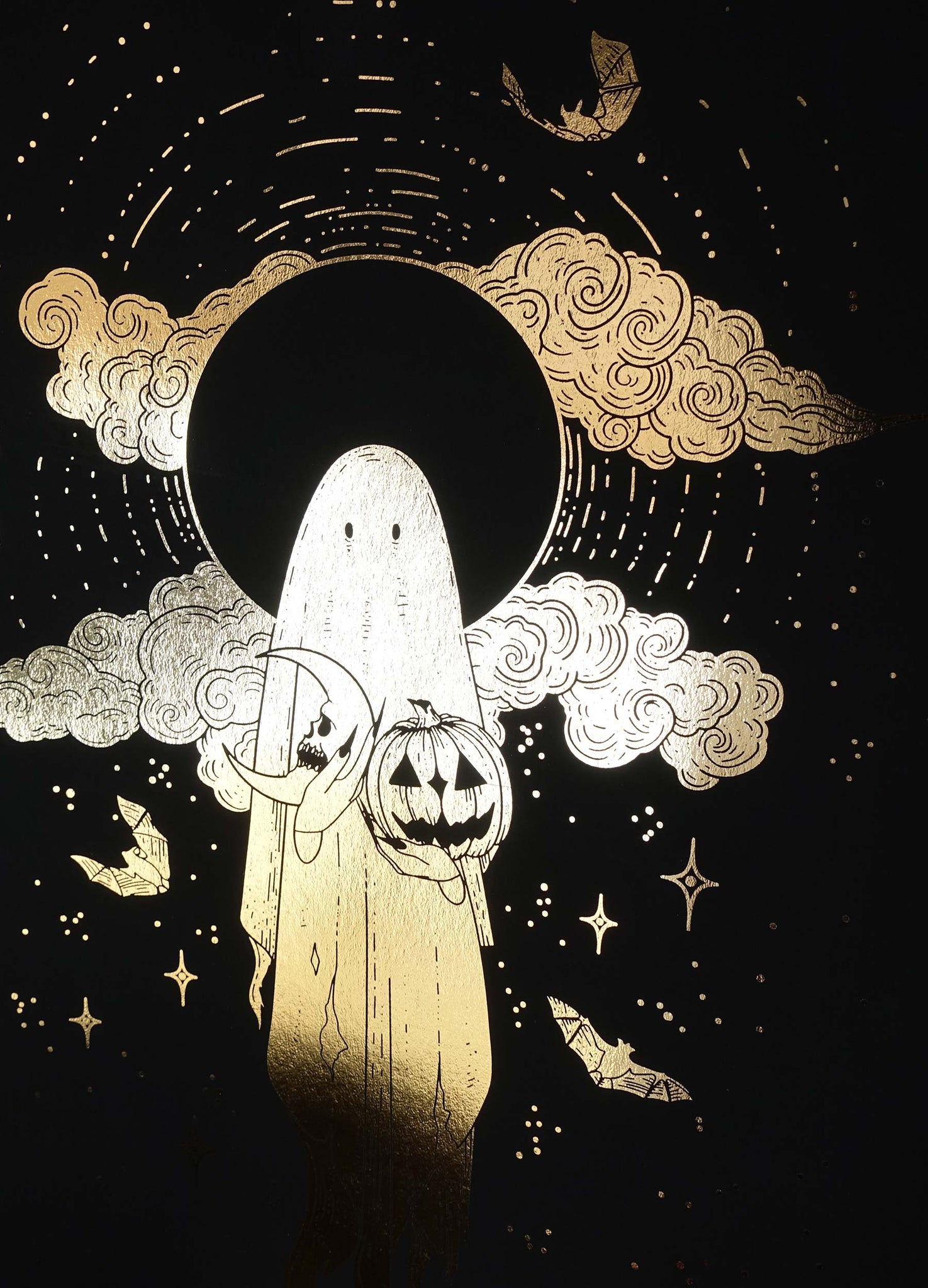 Samhain halloween ghost gold foil on black paper by Cocorrina  & Co Shop