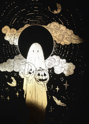 Samhain halloween ghost gold foil on black paper by Cocorrina  & Co Shop