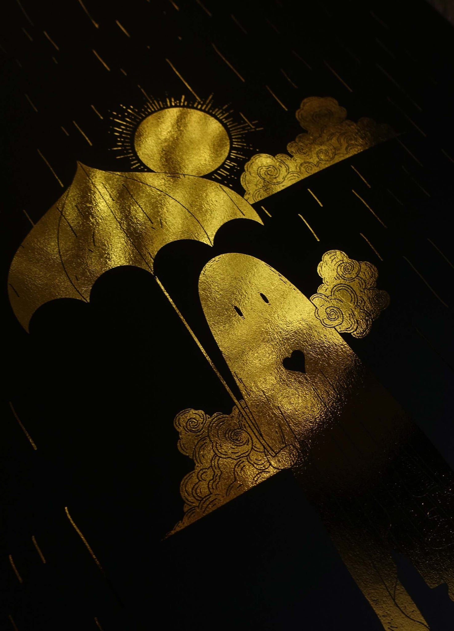 Ghost in the Rain gold foil on black paper art print by Cocorrina & Co