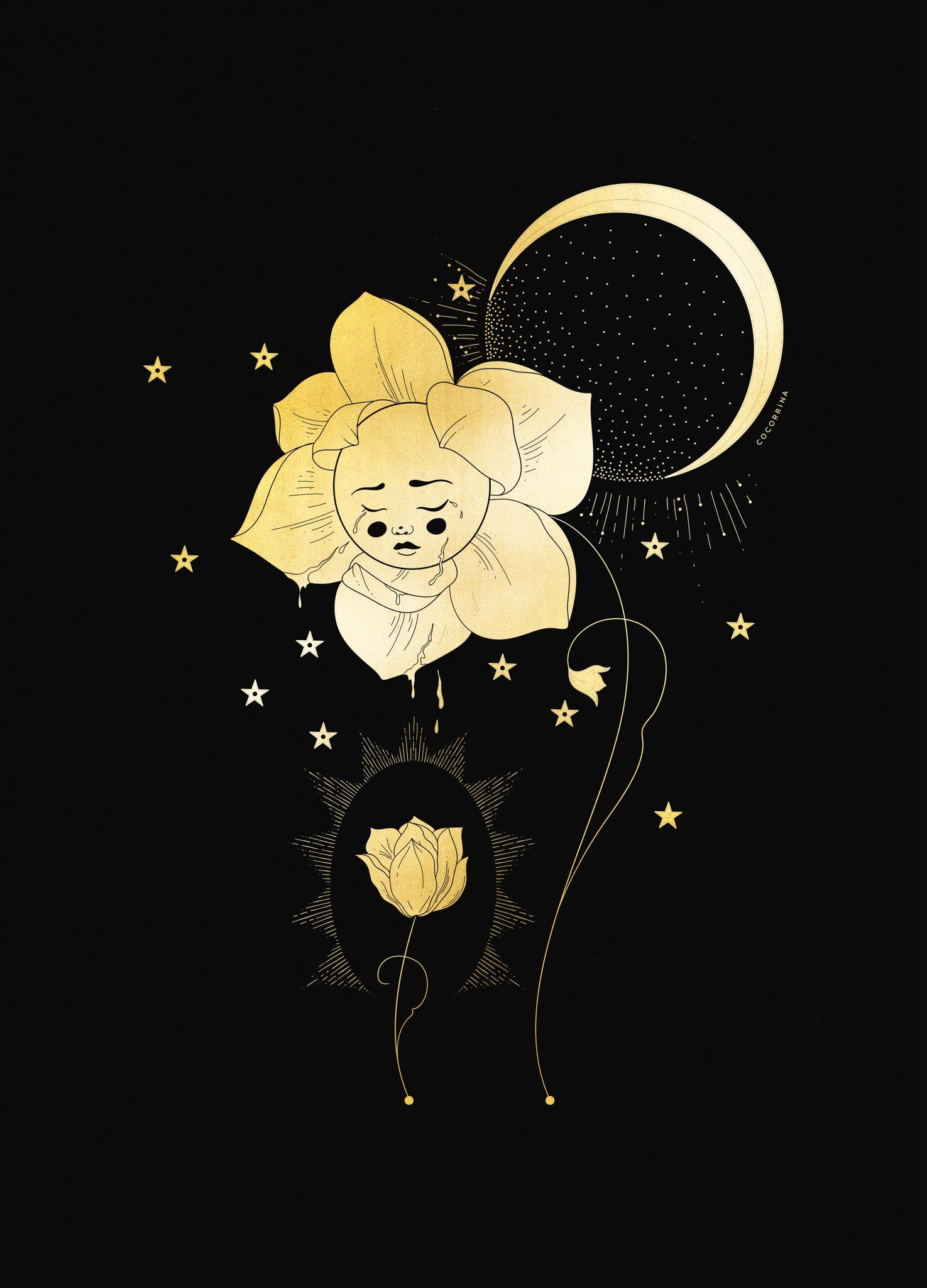 Healing flower gold foil art print on black paper by Cocorrina & Co