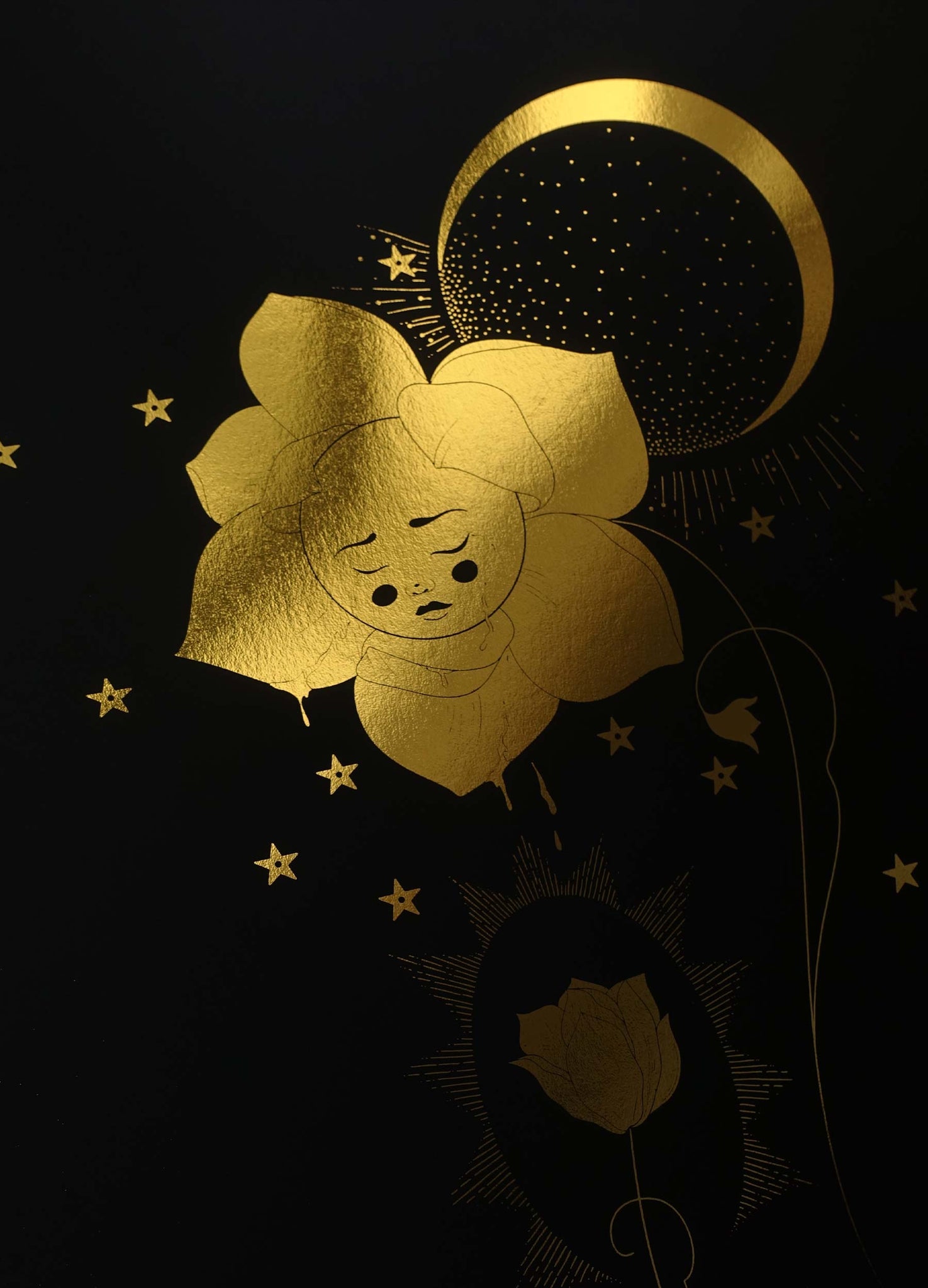 Healing flower gold foil art print on black paper by Cocorrina & Co