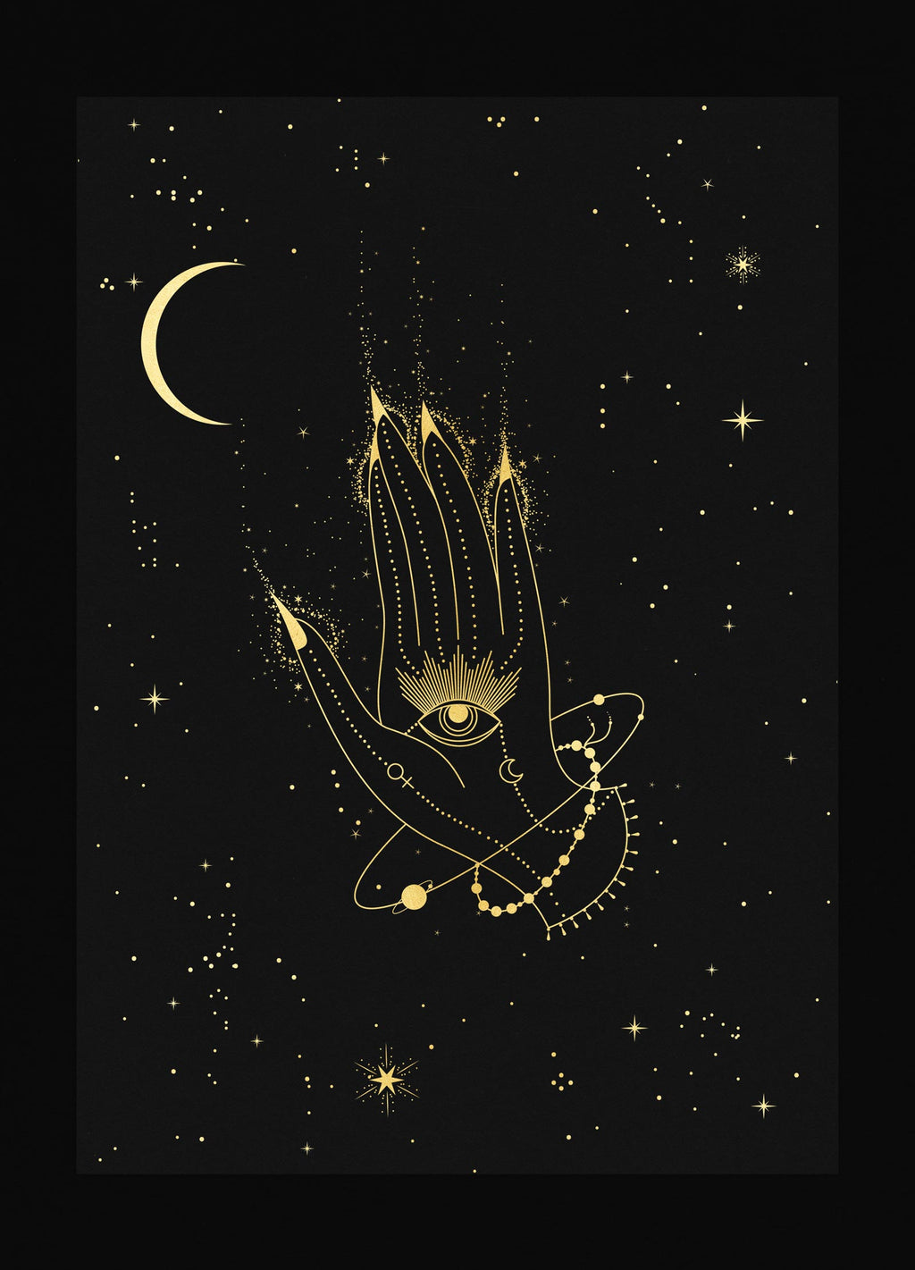 Healing Hamsa Hand with eye art print in gold foil and black paper with stars and moon by Cocorrina