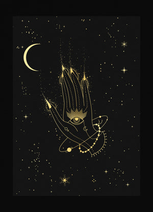 Healing Hamsa Hand with eye art print in gold foil and black paper with stars and moon by Cocorrina