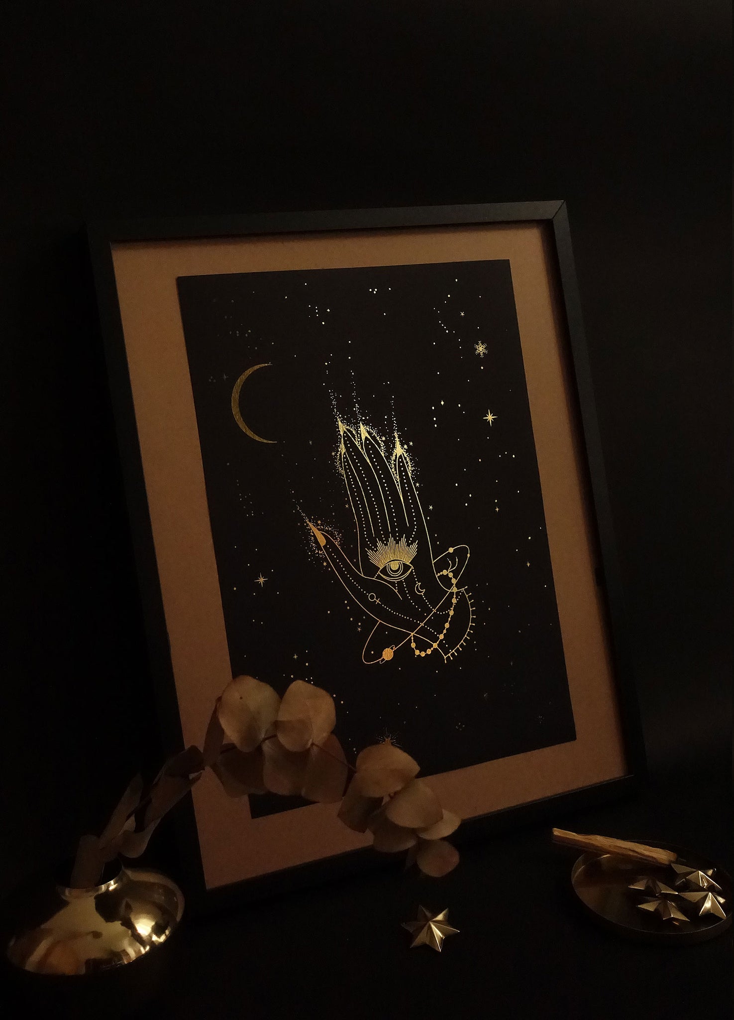 New Moon hands art print in gold foil and black paper with stars and moon by Cocorrina