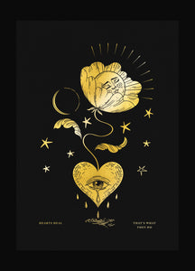 Hearts Heal Moon flower growing from a crying heart gold foil art print by Cocorrina & Co