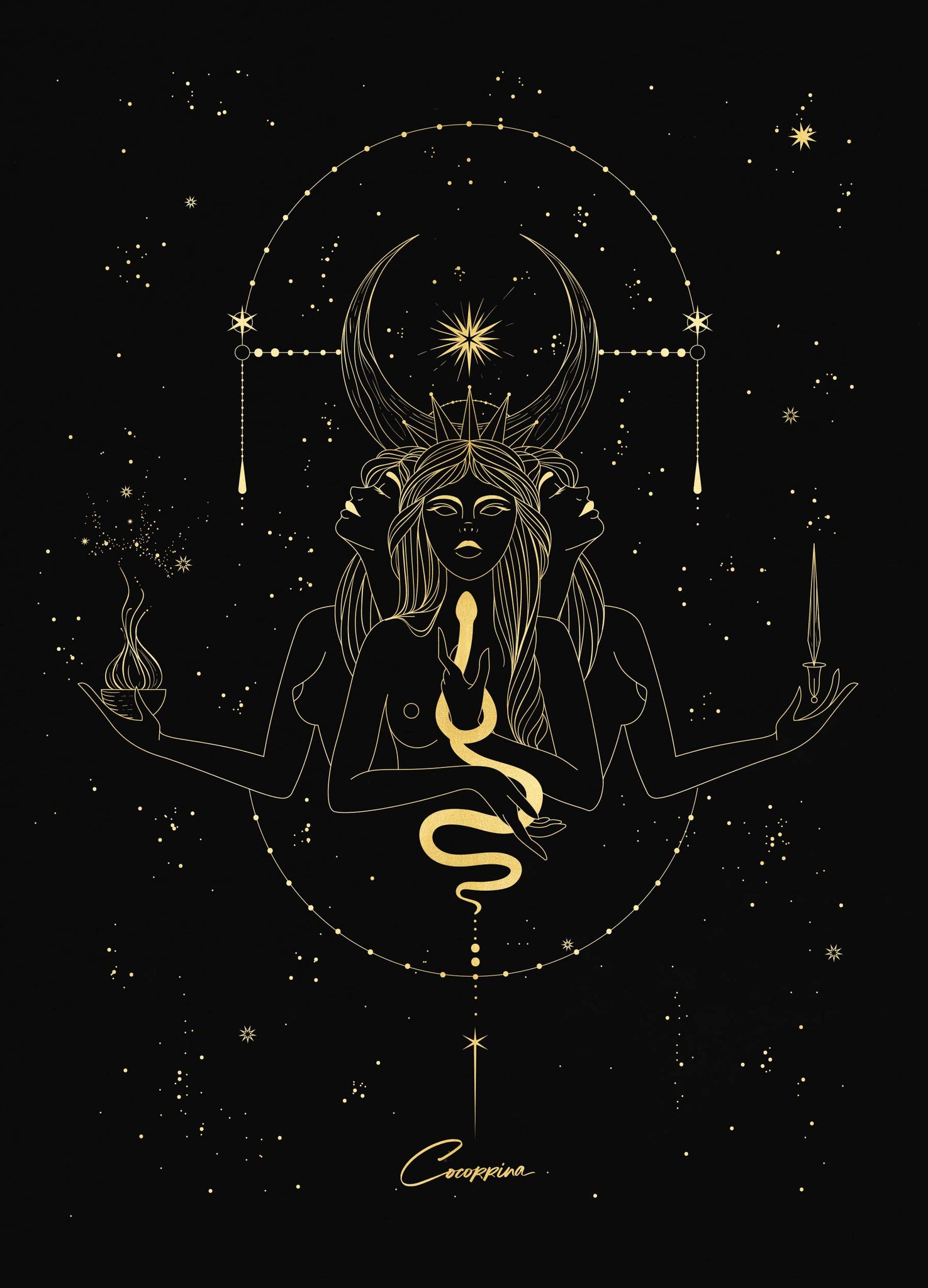 Hecate Triple Moon Goddess gold foil on black paper by Cocorrina & Co Shop