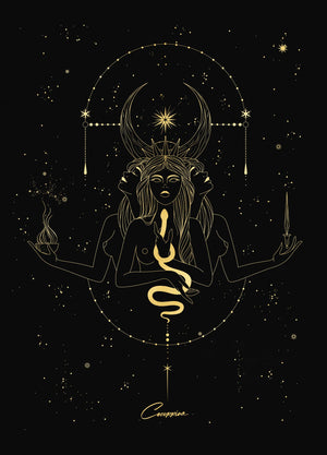 Hecate Triple Moon Goddess gold foil on black paper by Cocorrina & Co Shop